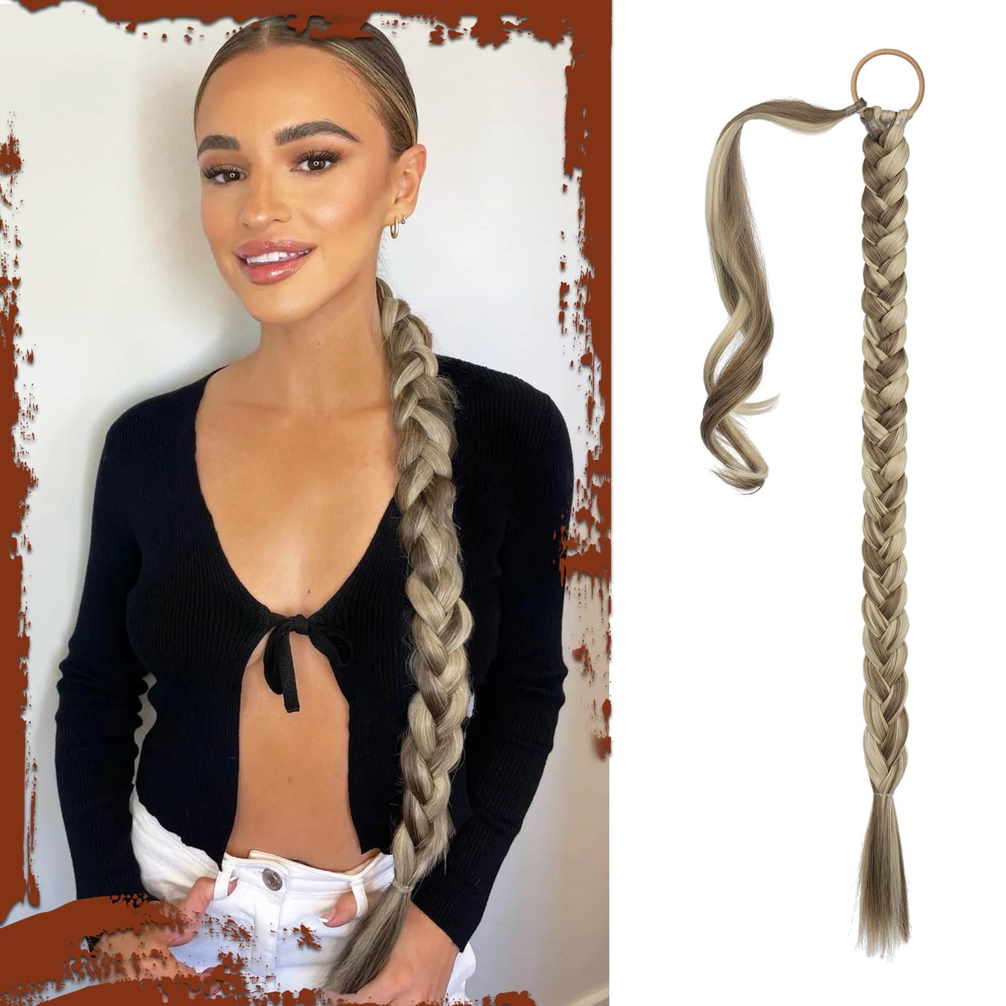 Long Braid Ponytail Extension with Hair Tie Straight Sleek Wrap Around Hair Extensions Synthetic Hair Piece Braid Pony Tail Fluffy Natural Soft Hairpieces for Women Daily Wear