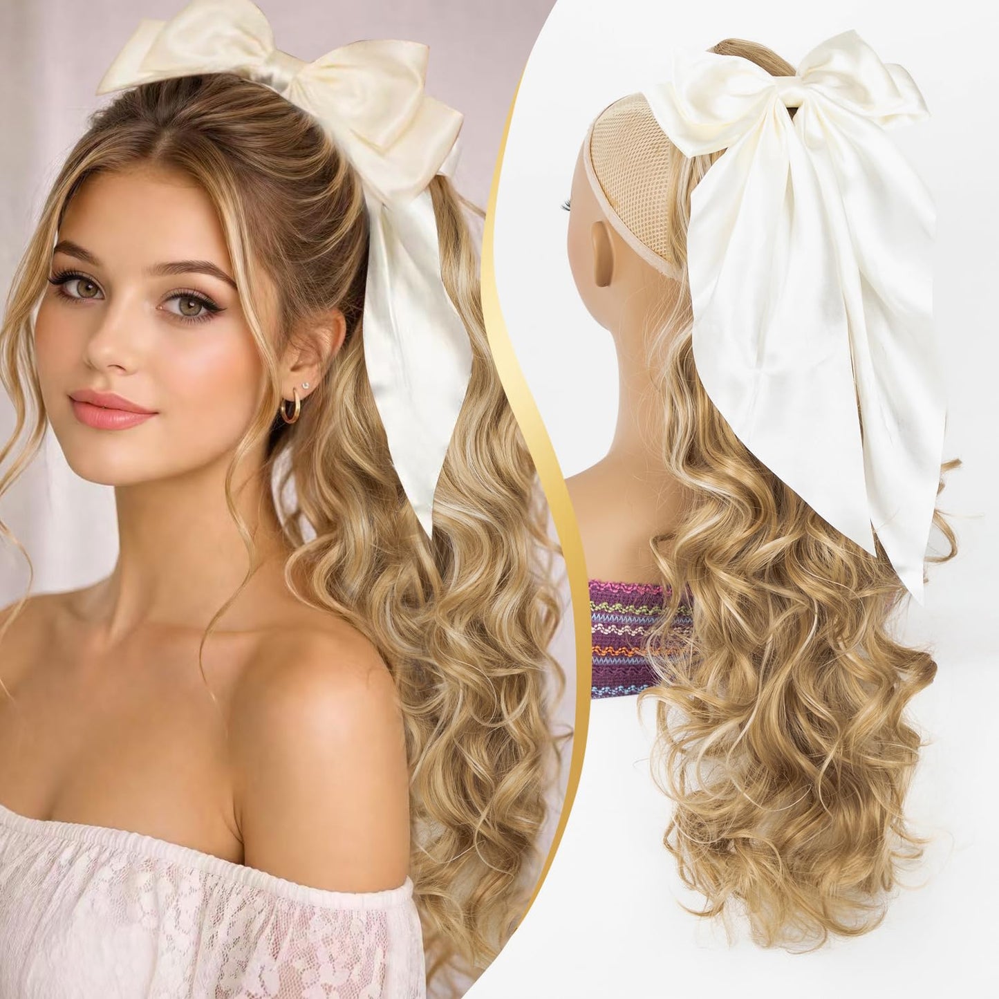 24 Inch Claw Clip in Ponytail Extension with 2 Pcs Hair Bows
