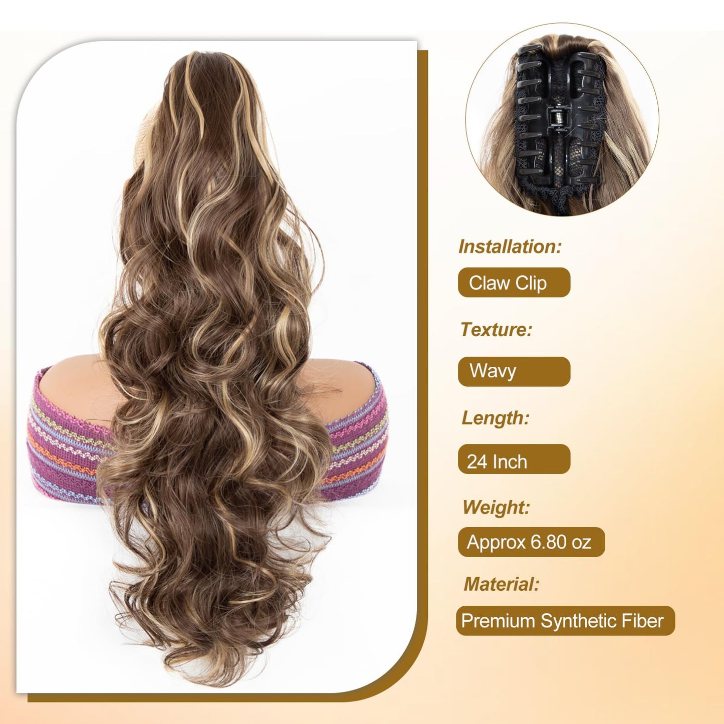 24 Inch Claw Clip in Ponytail Extension with 2 Pcs Hair Bows