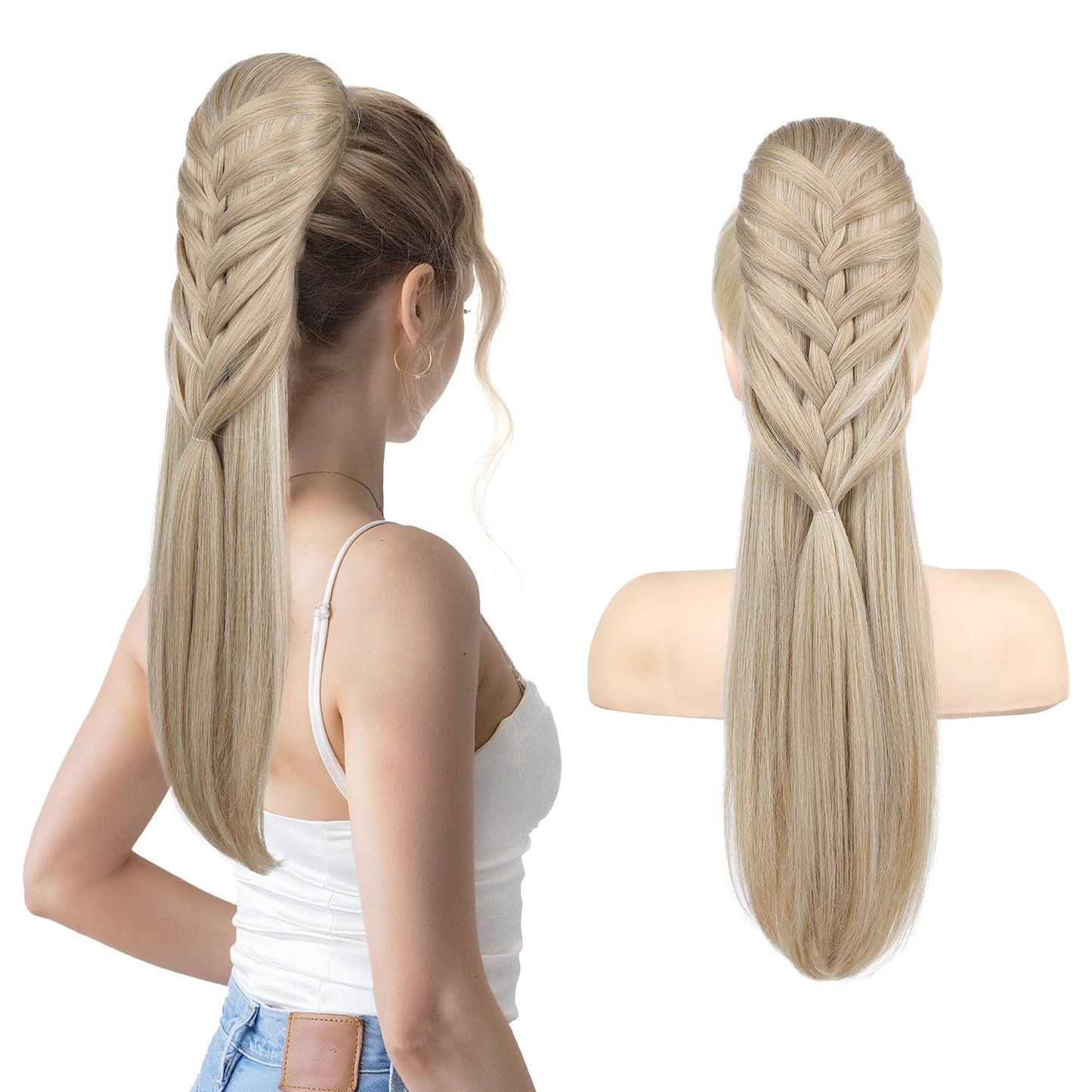 Ponytail Extension, 20 Inch Long Braid Drawstring Clip in on Ponytail Hair Extensions Synthetic Hairpiece for Women