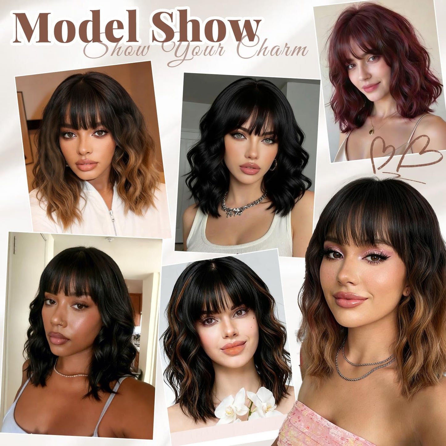 12" Synthetic Hair Short Wavy With Bangs,Short Bob Wig Made Of Quality Synthetic Fiber