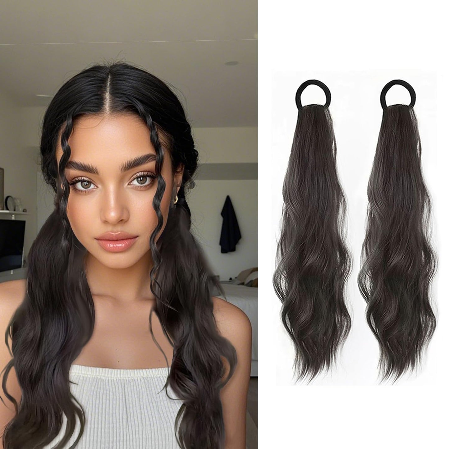 2PCS Curly Ponytail Extension with Hair Tie Hair Natural Wig Elastic Band Wave Fake Ponytail Wigs Accessories for Women Daily 17 Inch