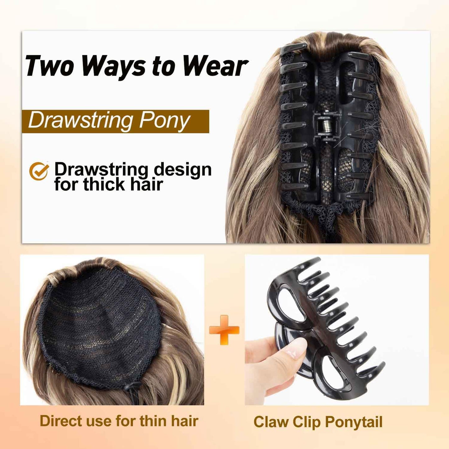 24 Inch Claw Clip in Ponytail Extension with 2 Pcs Hair Bows