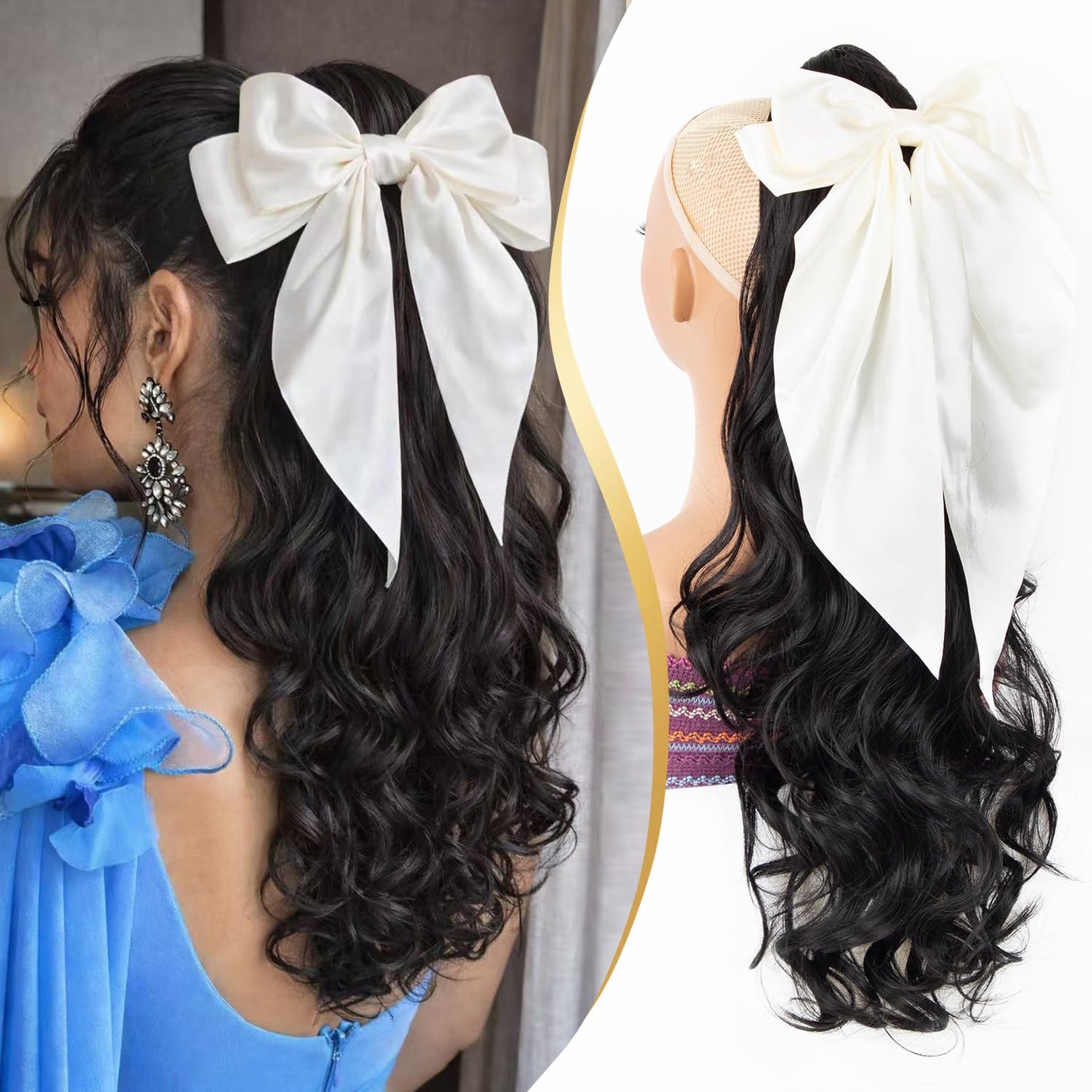 24 Inch Claw Clip in Ponytail Extension with 2 Pcs Hair Bows