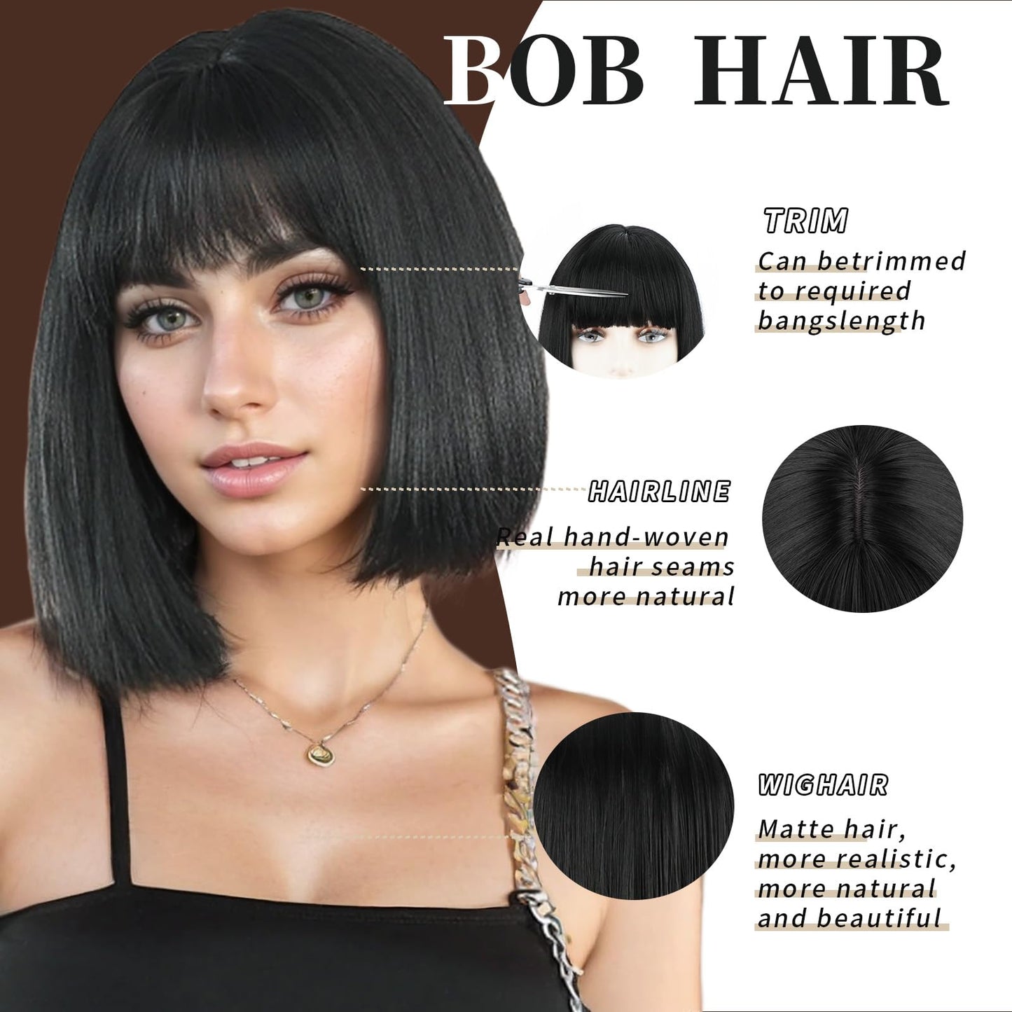 Short Bob Wig for Women Straight Wig with Bangs Shoulder Length Heat Resistant Fiber Synthetic Hair Wigs