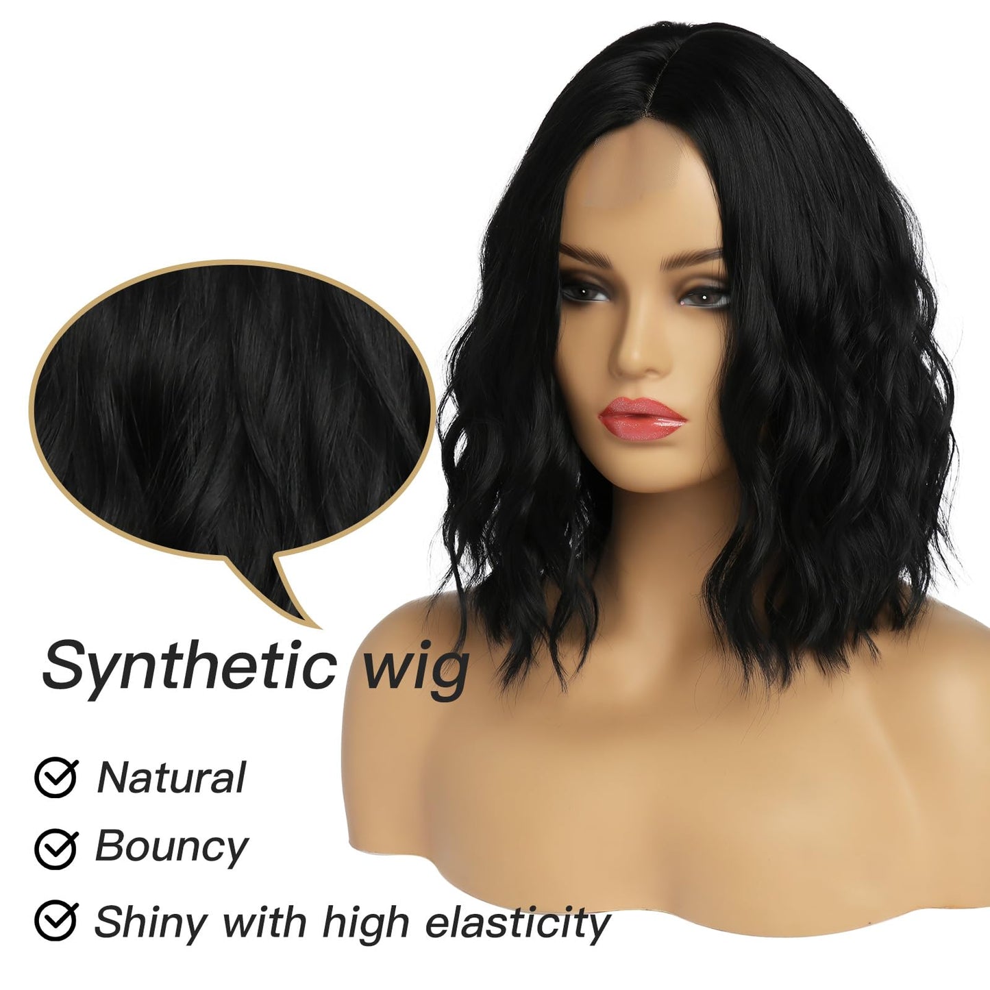 Short Wavy Bob Wigs for Women Water Wave Shoulder Length Synthetic Hair Wig Middle Part Natural Looking