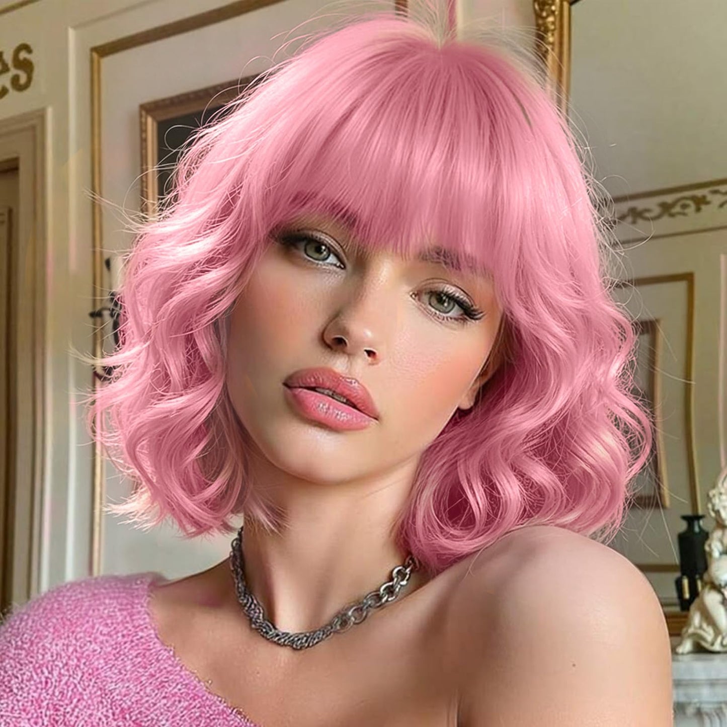 12inch Natural Wave Wavy Bob Wigs with Bangs Black Blue Light Blue Brown Pink Wigs