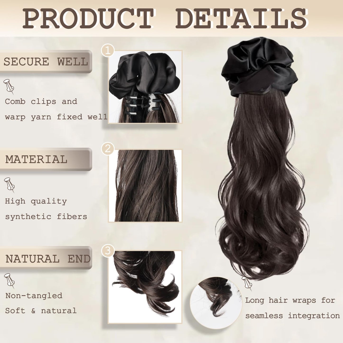 15 Inch Long Ponytail Extension with Scrunchie Non-Slip Fluffy Soft Synthetic Claw Clip Ponytail Hairpiece for Women Vacation Date Christmas Party Cosplay Concert Wedding