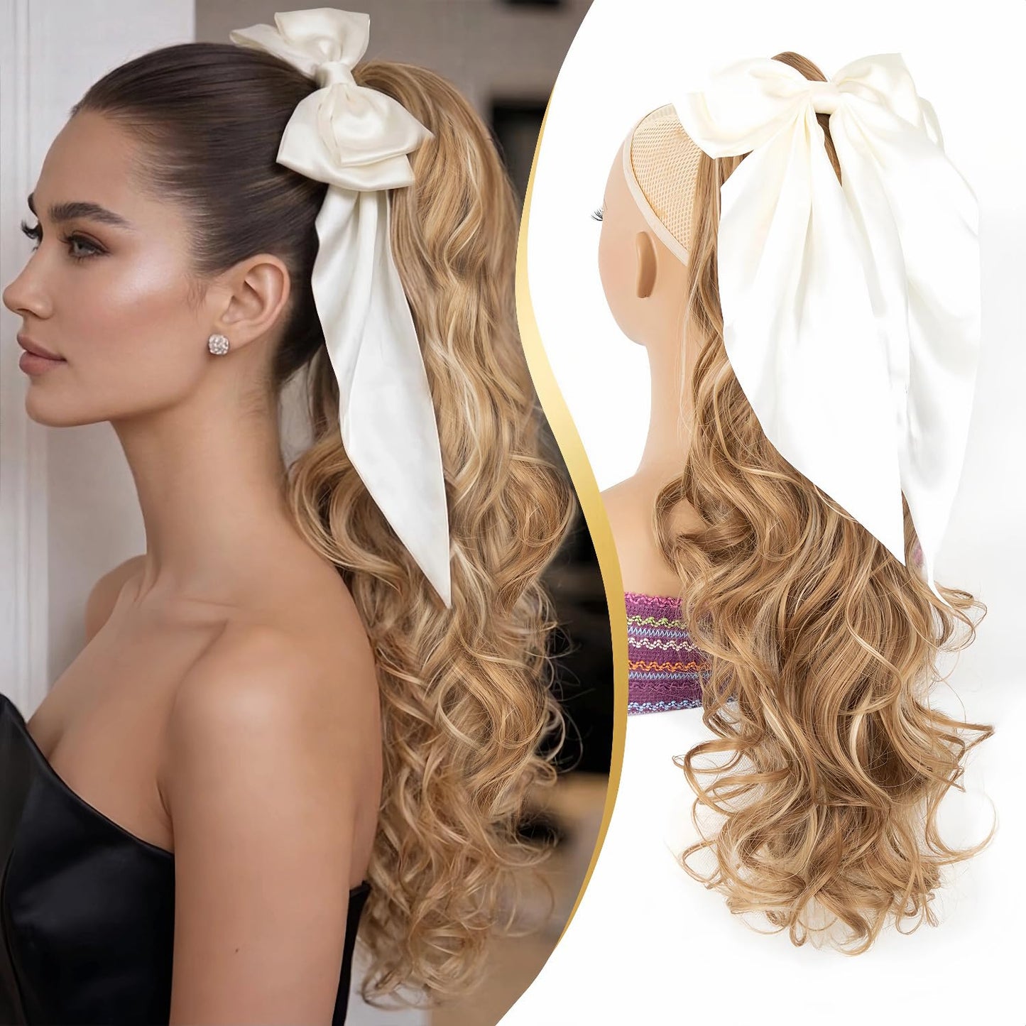 24 Inch Claw Clip in Ponytail Extension with 2 Pcs Hair Bows