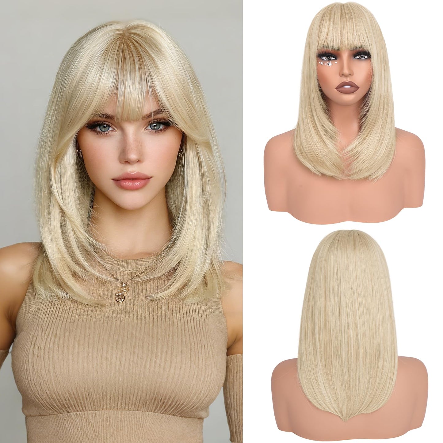 Bob Wigs with Bangs Shoulder Length Straight Natural Looking Synthetic Heat Resistant Medium Hair Wigs for Women Daily Party, 16 Inch