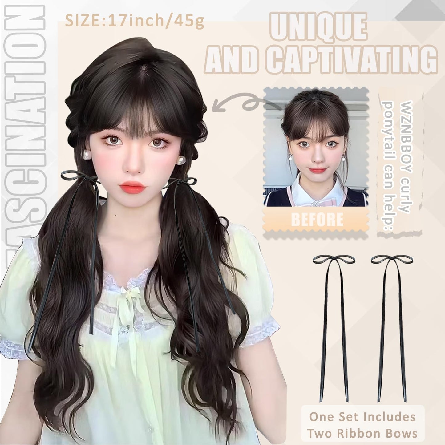 2PCS Curly Ponytail Extension with Elastic Tie 17 Inch Natural Wavy Hairpiece Synthetic Pony Tail Hair Extensions Wave Fake Ponytail Hairpieces for Women Daily Wear
