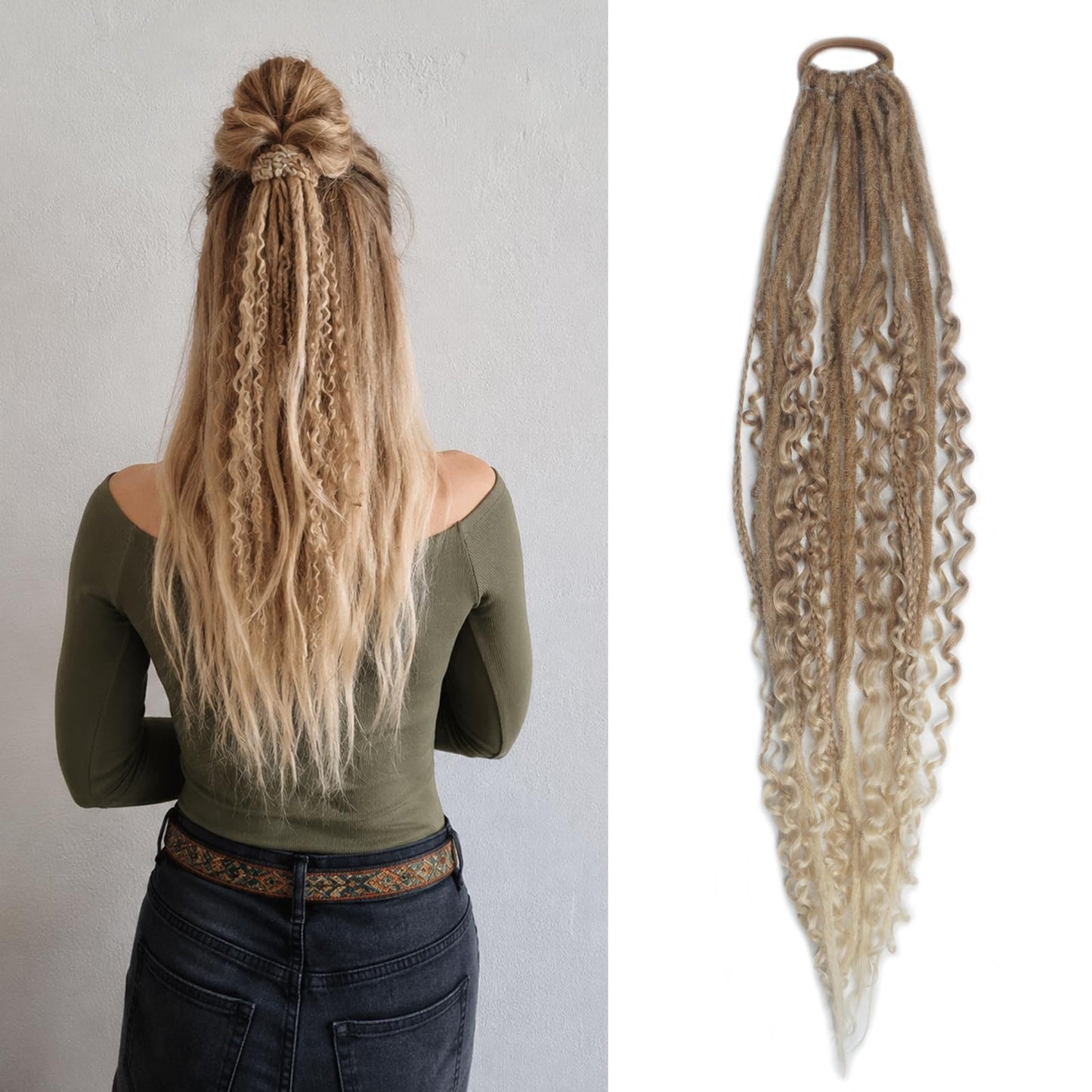 Clip In Dreadlock Hair Extensions, 24 inch Curly Dreads with Box Braid Wavy Synthetic Boho Dreads Extensions