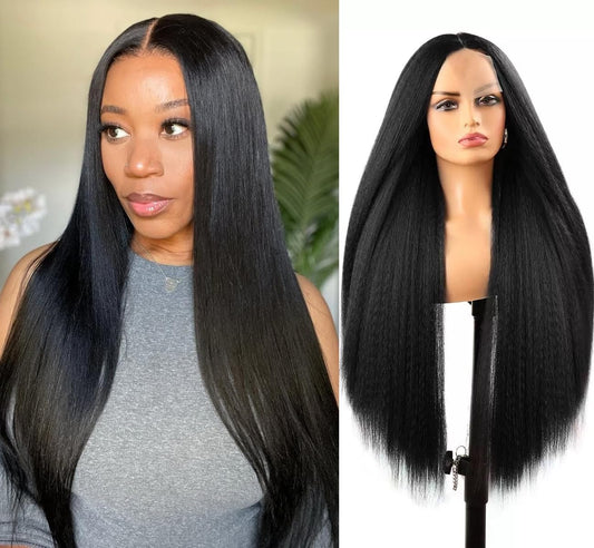 26 Inches Yaki Straight Wigs for Women Glueless Long Hair Wigs Kinky Straight Natural Black Synthetic Wigs For Black Women