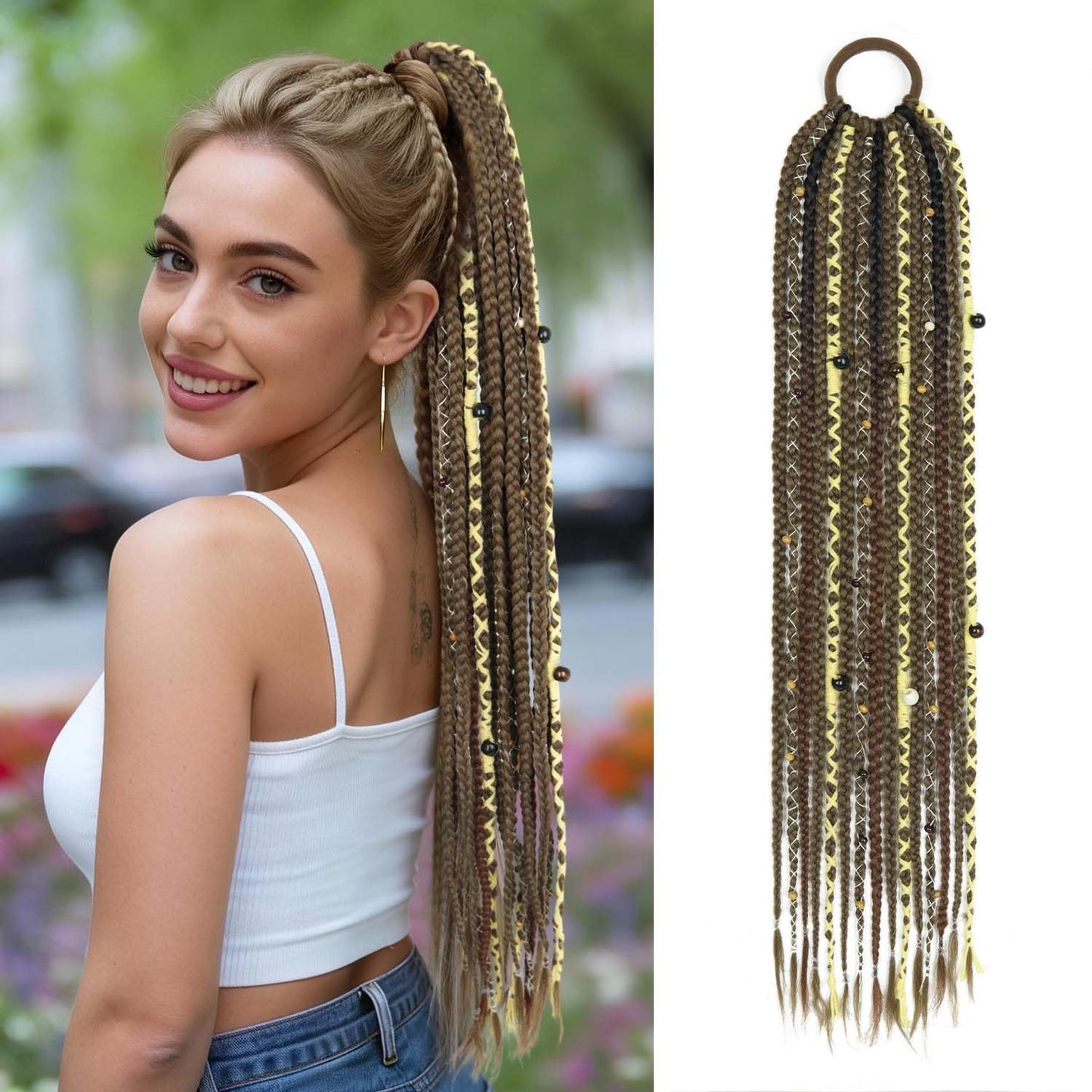 Long Boho Braided Ponytail Extension with Hair Ties, 24" Viking Dreadlock Ponytail Extension, Hand-braided Soft Braided Ponytail Extensions Synthetic Hair for Women