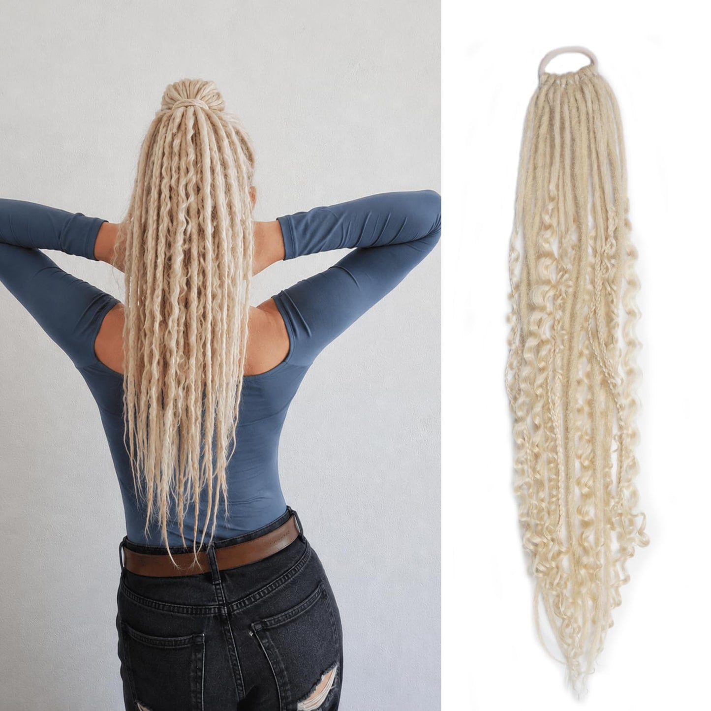 Clip In Dreadlock Hair Extensions, 24 inch Curly Dreads with Box Braid Wavy Synthetic Boho Dreads Extensions