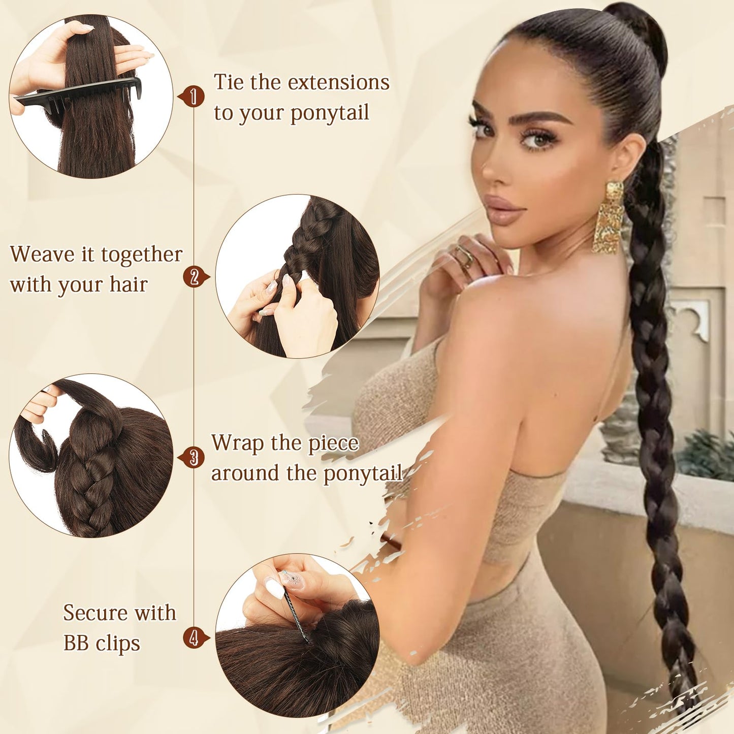Long Braid Ponytail Extension with Hair Tie Straight Sleek Wrap Around Hair Extensions Synthetic Hair Piece Braid Pony Tail Fluffy Natural Soft Hairpieces for Women Daily Wear