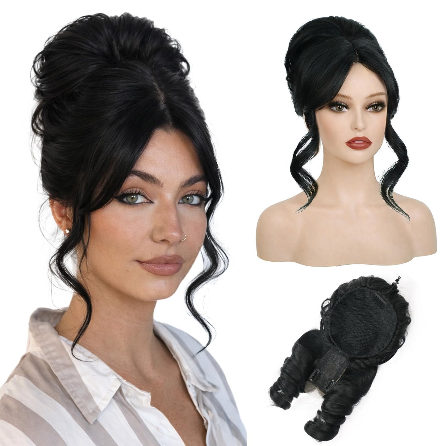 2-in-1 Messy Bun with Bangs Drawstring Ponytail Extension, Curly Updo Wig & Hair Topper with Lace Side Bangs, Lightweight Natural-Looking Hair Bun Hairpiece for Women
