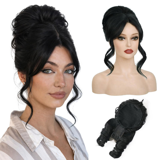 2-in-1 Messy Bun with Bangs Drawstring Ponytail Extension, Curly Updo Wig & Hair Topper with Lace Side Bangs, Lightweight Natural-Looking Hair Bun Hairpiece for Women