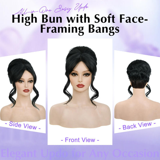 2-in-1 Messy Bun with Bangs Drawstring Ponytail Extension, Curly Updo Wig & Hair Topper with Lace Side Bangs, Lightweight Natural-Looking Hair Bun Hairpiece for Women