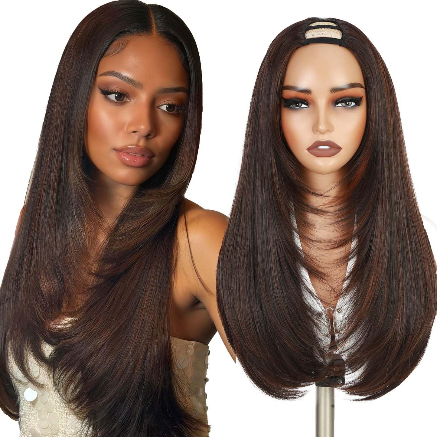 Long Straight U Part Wigs for Women black long wig Layered Haircut V Part Wig Yaki Straight Synthetic Half Wig Clip In Hair Glueless Daily Use
