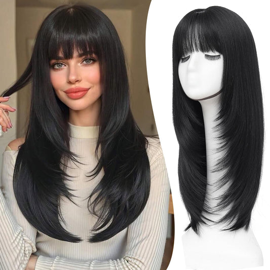 Hair Topper,360° 3D Hair Toppers for Women with Thinning,7"X 8" Large Base 22 Inch Long Layered Synthetic Wig with Bangs for Daily Use