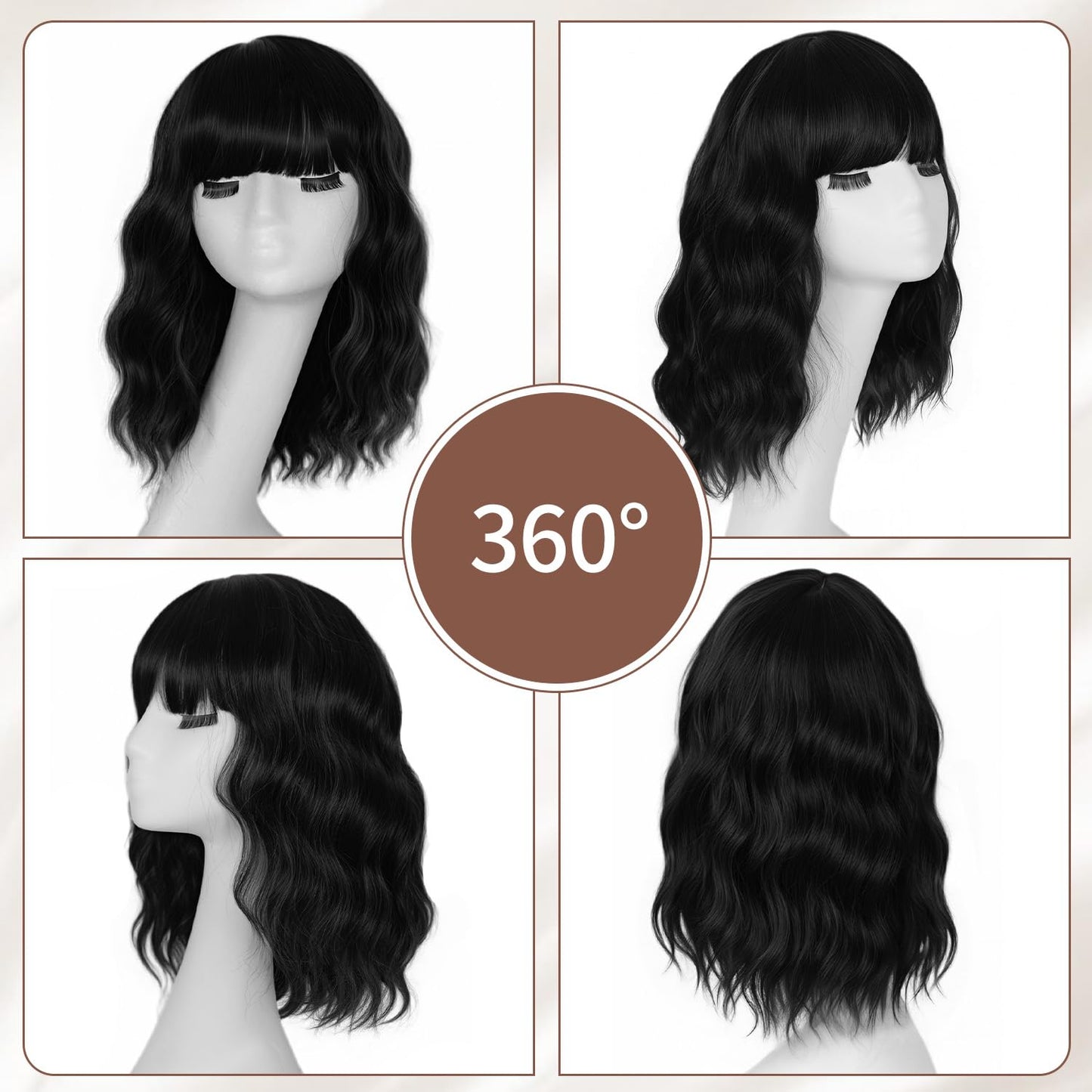 12" Synthetic Hair Short Wavy With Bangs,Short Bob Wig Made Of Quality Synthetic Fiber