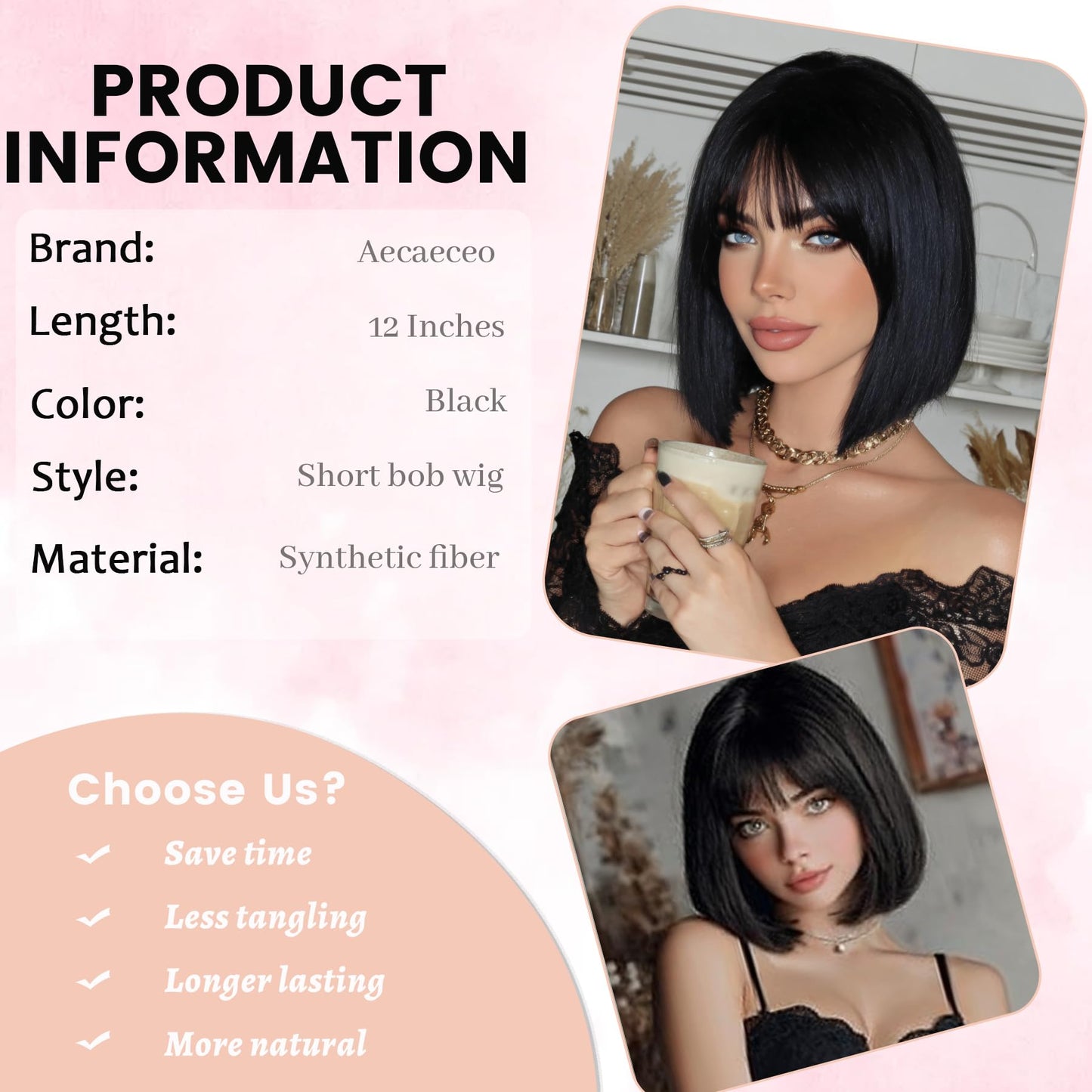 12" Short bob wig with bangs, Black / Pink Wig for women Daily Use