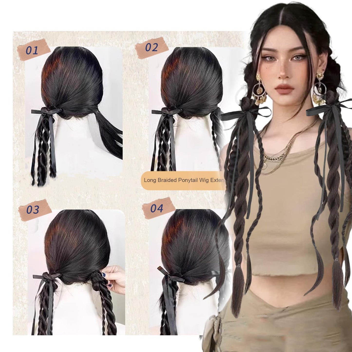 2PCS Ponytail Extension Braid with Hair Tie Synthetic Ponytail Twisted Braid wig hair band for Women Girls 19 in
