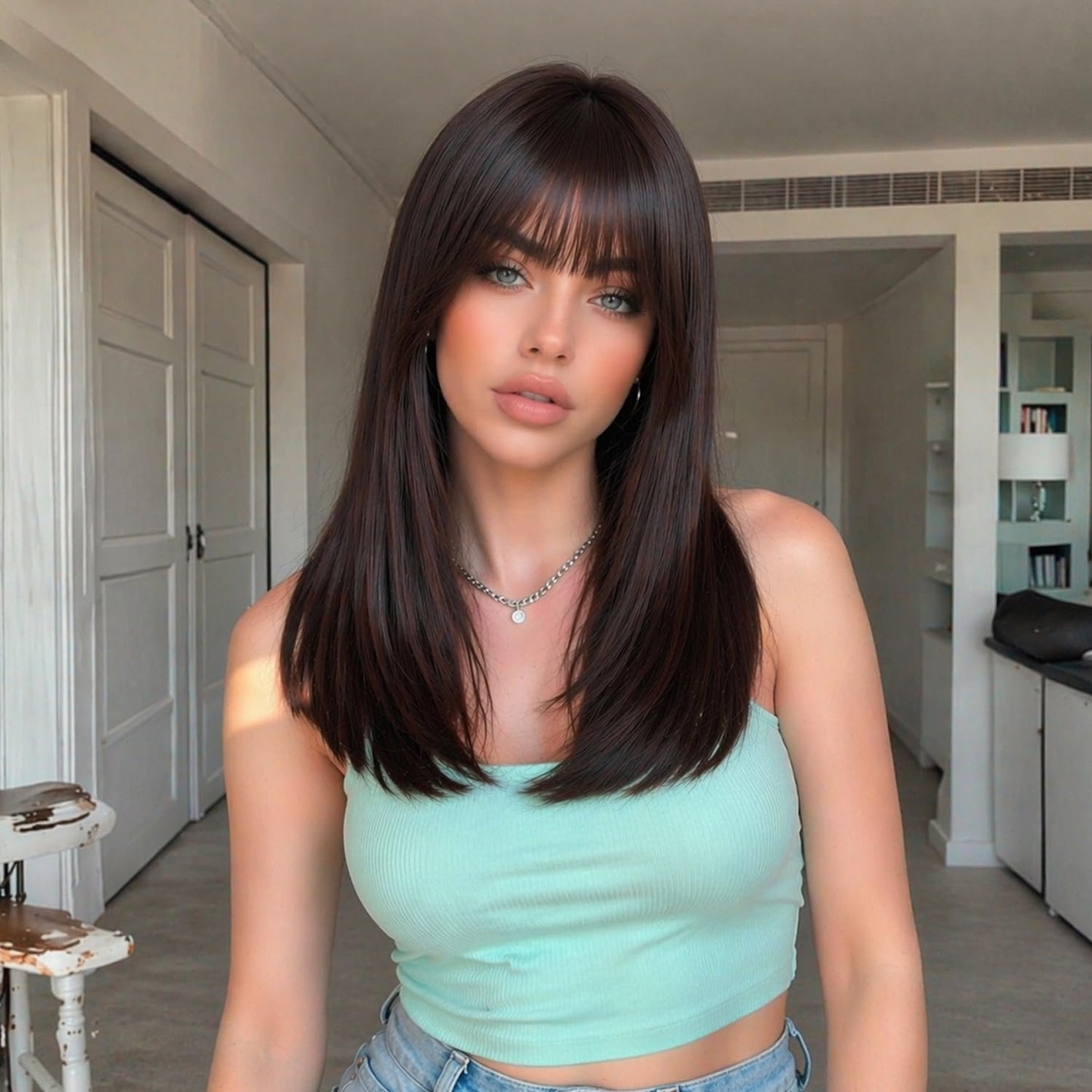 XCHJH Bob Wig with Bangs Short Straight Wigs for Women Shoulder Length Bob Wigs Heat Resistant Fiber Synthetic Hair Natural Looking Hair Replacement Wigs