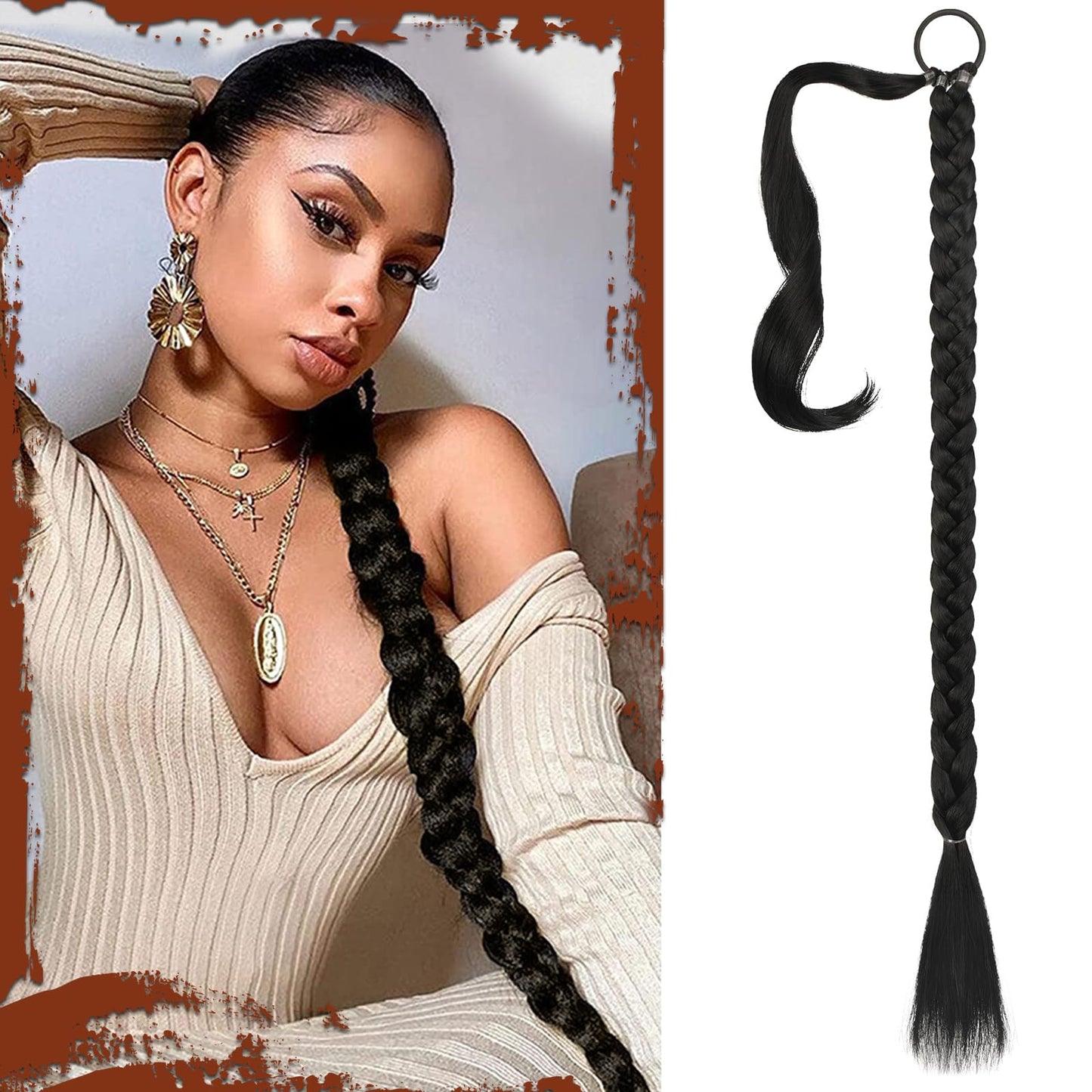 Long Braid Ponytail Extension with Hair Tie Straight Sleek Wrap Around Hair Extensions Synthetic Hair Piece Braid Pony Tail Fluffy Natural Soft Hairpieces for Women Daily Wear