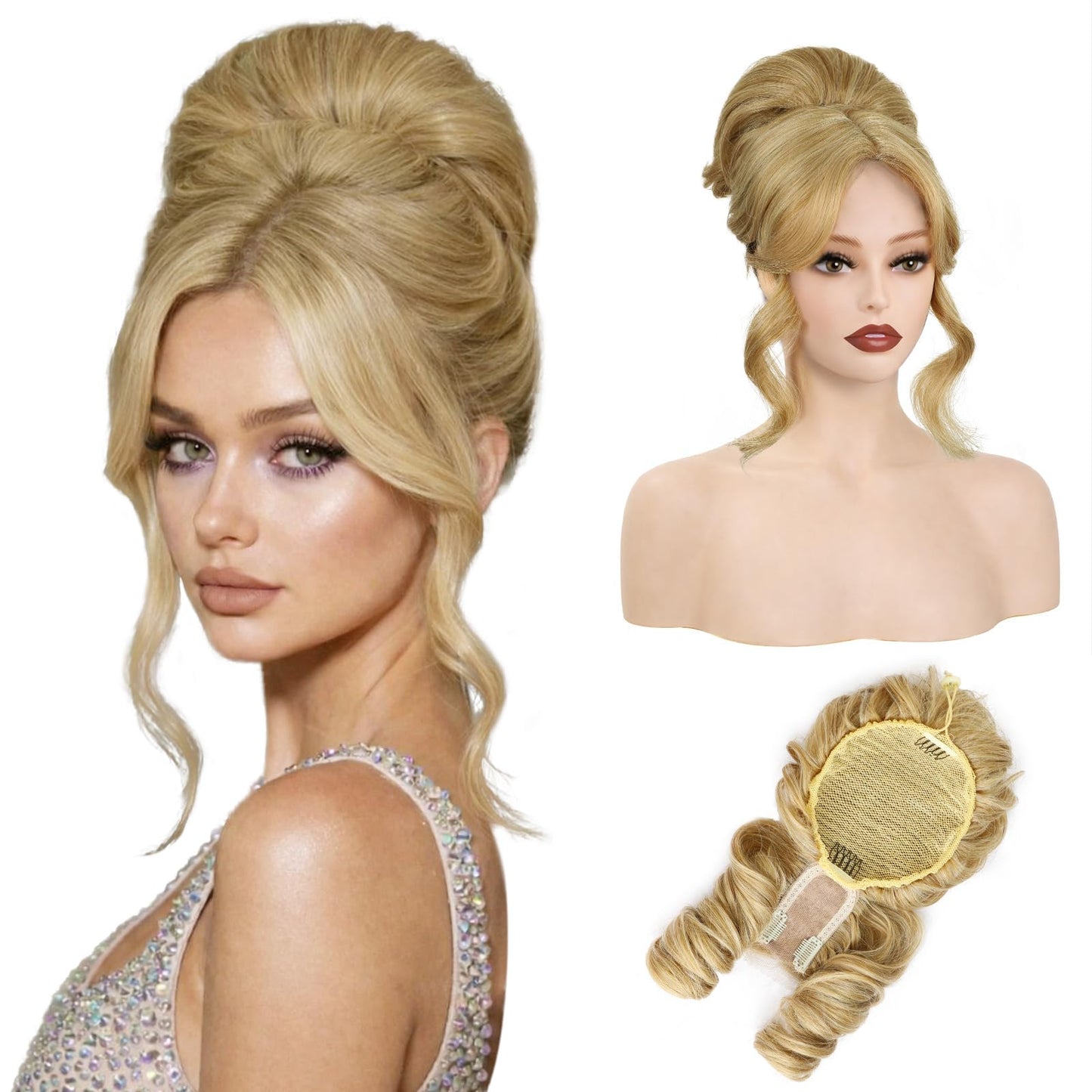 2-in-1 Messy Bun with Bangs Drawstring Ponytail Extension, Curly Updo Wig & Hair Topper with Lace Side Bangs, Lightweight Natural-Looking Hair Bun Hairpiece for Women