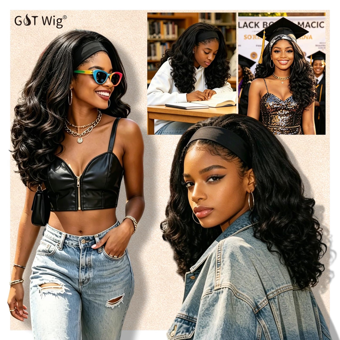 Wig Yaki Curly Headband Wigs for Black Women Kinky Straight Curly Headband Wigs Synthetic Wear and Go Glueless Half Wig for Daily Use (Black, 16inch)
