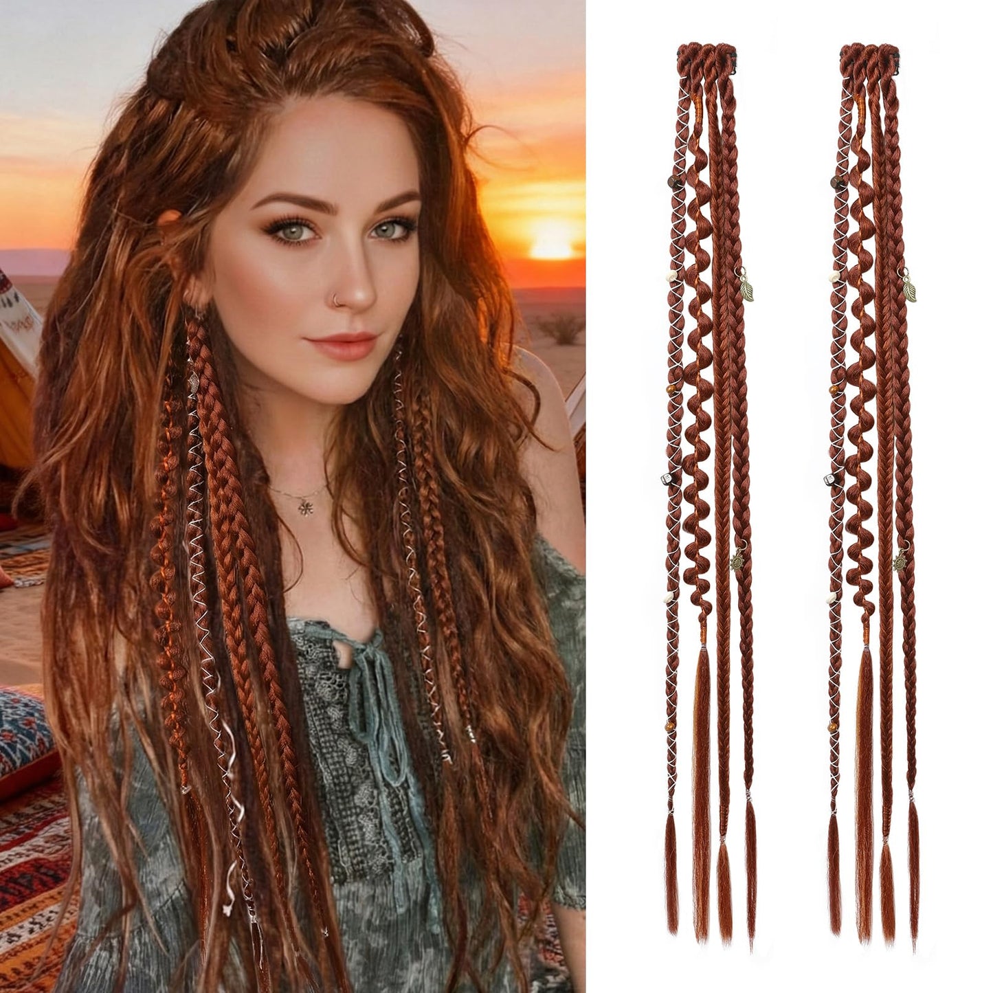 Clip in Braids for Women, 16" Boho Dreadlock Clip in Braids with Beads & Charms, 2PCS Handmade Synthetic Braided Hairpieces for Cosplay Daily Styling Music Festival