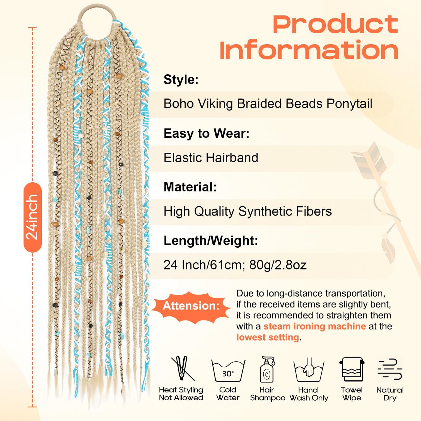 Boho Braided Ponytail Extension with Hair Tie, 24" Long Viking Dreadlock Beads Ponytail Hand-braided Braids Hair Extensions Lightweight Natural Synthetic Hairpiece for Festival Cosplay