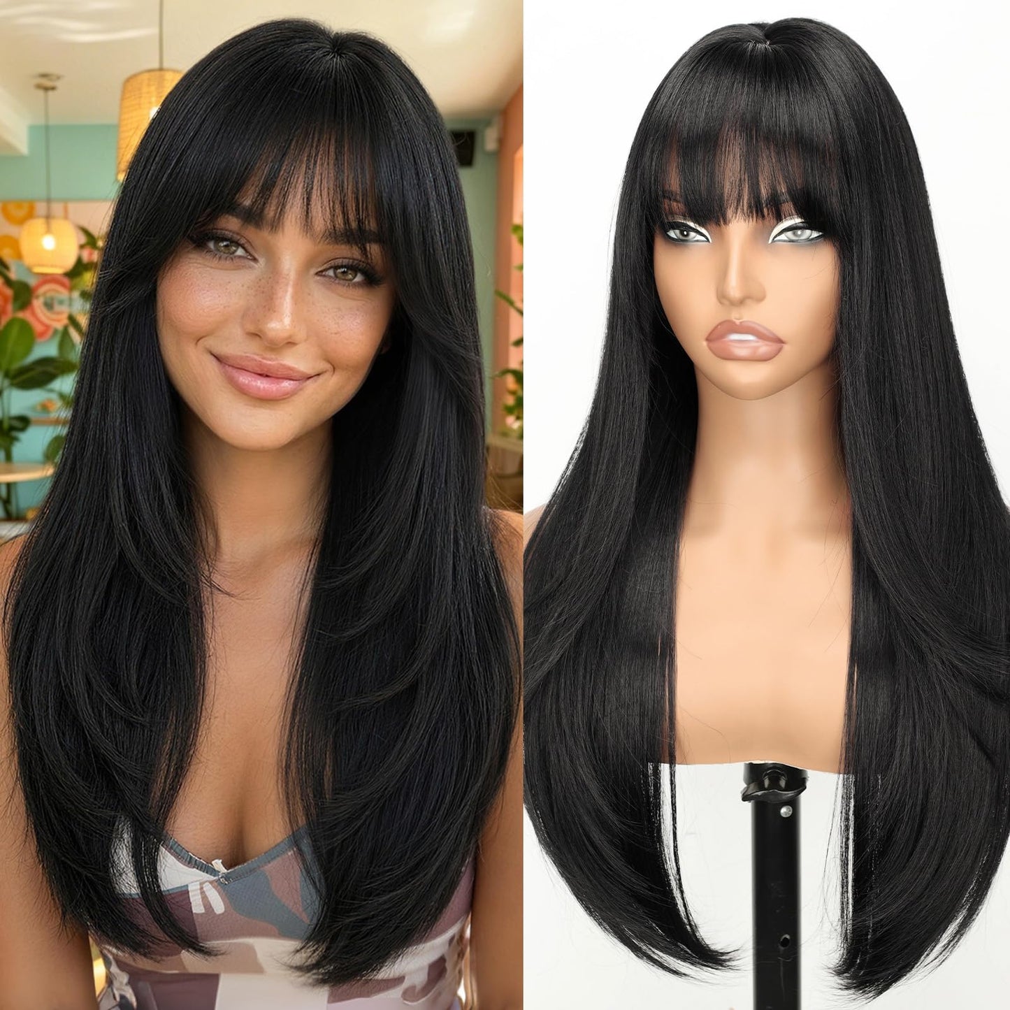 26" Long Layered Wig for Women with Bangs | Realistic Scalp | Freestyle Parting | Heat-Resistant Synthetic Hair