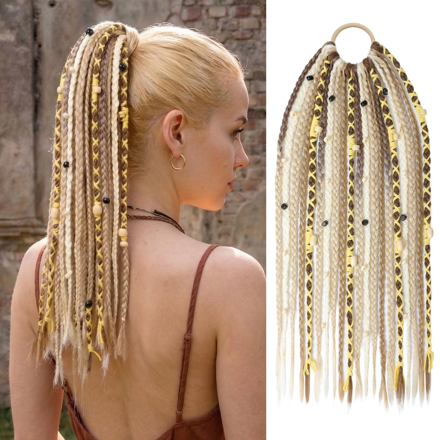 Braided Ponytail Extension on Hair Tie, 16" Full Volume Lightweight Viking Dreadlock Ponytail Braid in Dreadlock Extensions with Beads and Shells, Festival Hair Accessories for Women Girls