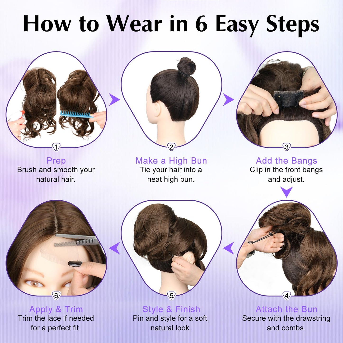 2-in-1 Messy Bun with Bangs Drawstring Ponytail Extension, Curly Updo Wig & Hair Topper with Lace Side Bangs, Lightweight Natural-Looking Hair Bun Hairpiece for Women