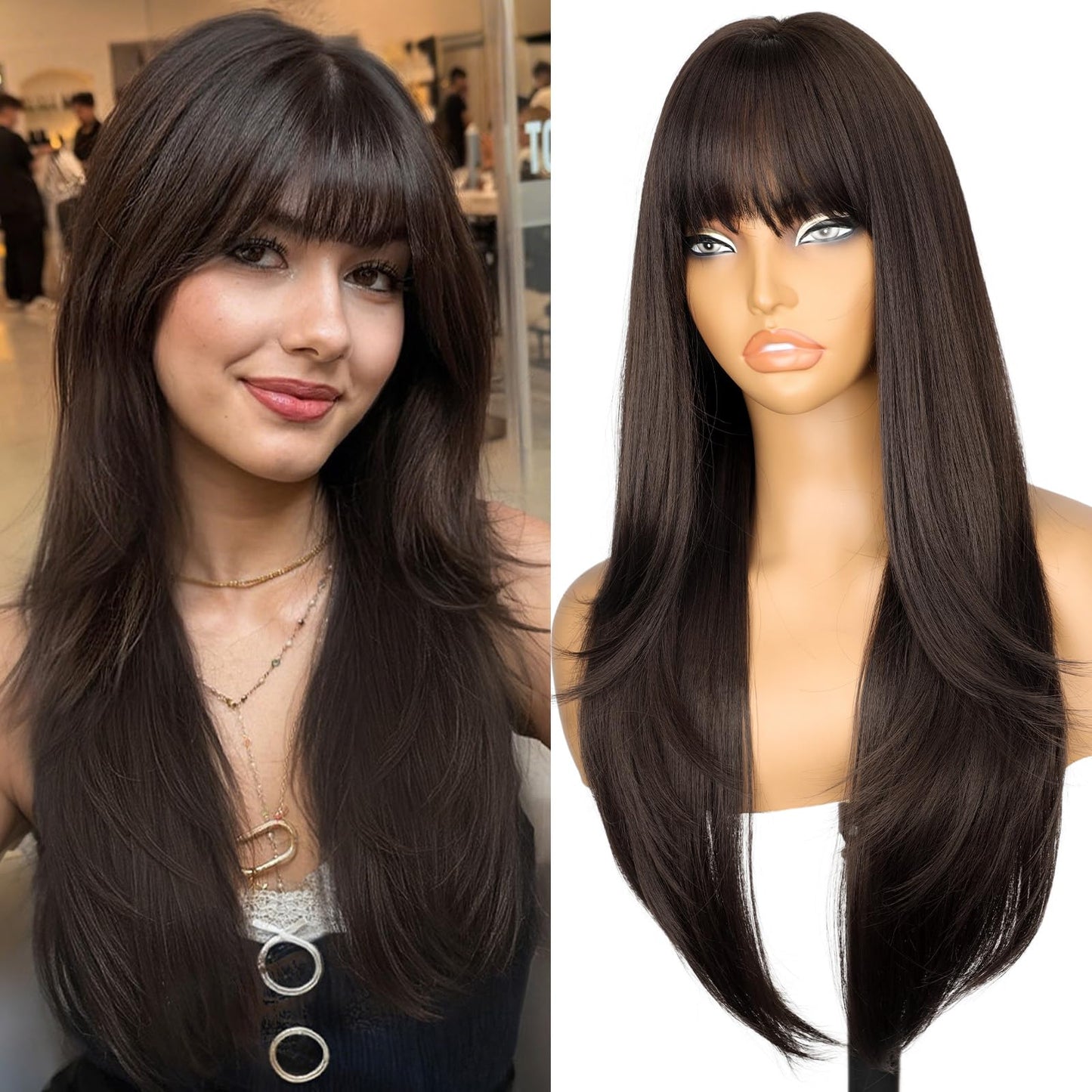 26" Long Layered Wig for Women with Bangs | Realistic Scalp | Freestyle Parting | Heat-Resistant Synthetic Hair
