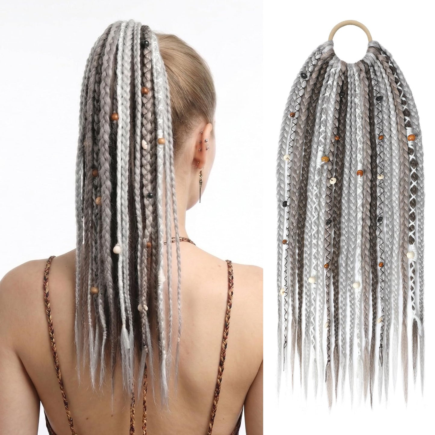 Braided Ponytail Extension on Hair Tie, 16" Full Volume Lightweight Viking Dreadlock Ponytail Braid in Dreadlock Extensions with Beads and Shells, Festival Hair Accessories for Women Girls
