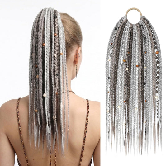 Braided Ponytail Extension on Hair Tie, 16" Full Volume Lightweight Viking Dreadlock Ponytail Braid in Dreadlock Extensions with Beads and Shells, Festival Hair Accessories for Women Girls