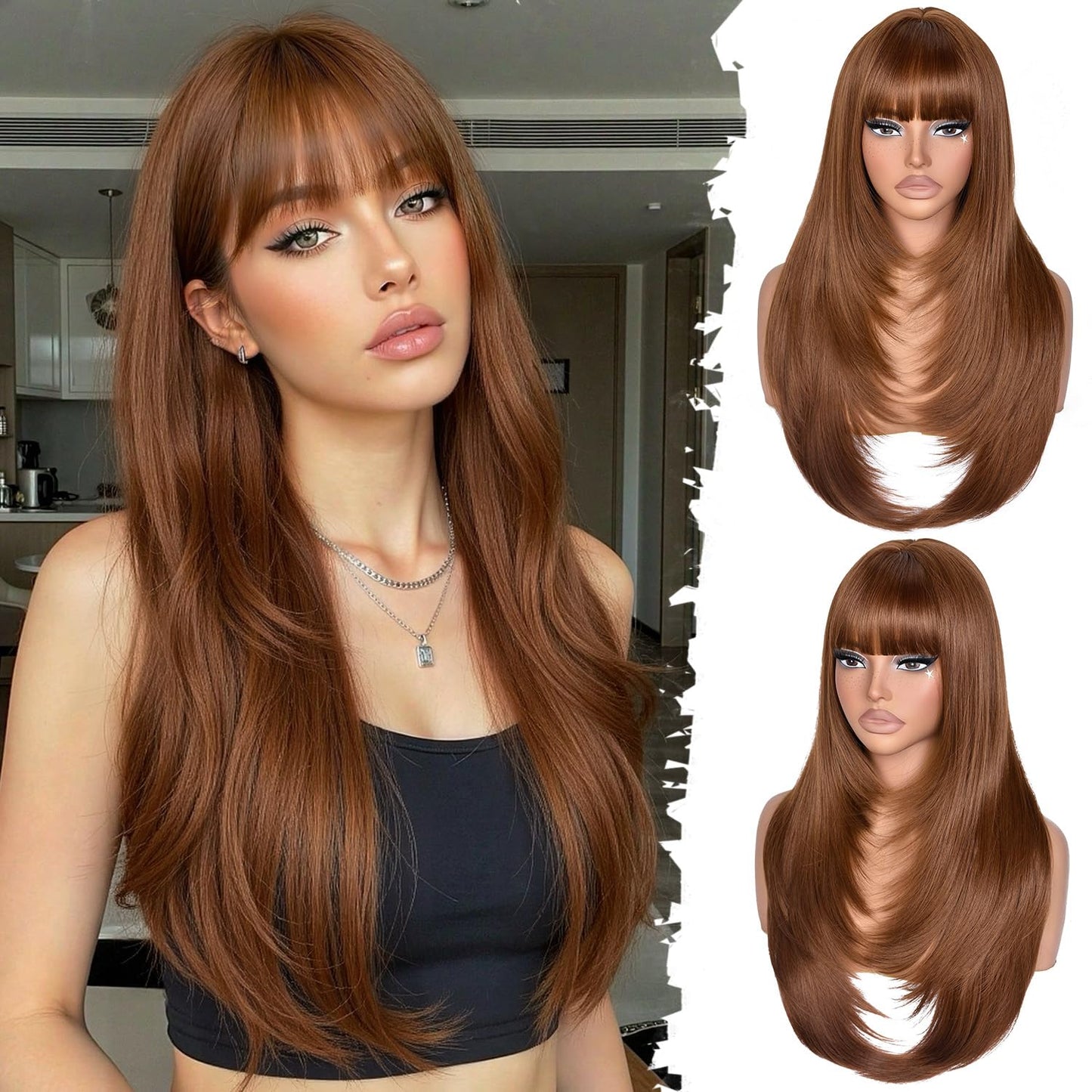 Long Layered Wig with Bangs for Women Synthetic Heat Resistant Realistic Scalp Free Parting Bang Wigs for Daily and Party Use