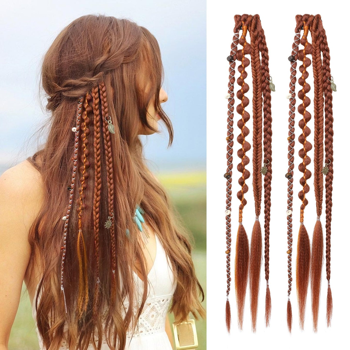 Clip in Braids for Women, 16" Boho Dreadlock Clip in Braids with Beads & Charms, 2PCS Handmade Synthetic Braided Hairpieces for Cosplay Daily Styling Music Festival