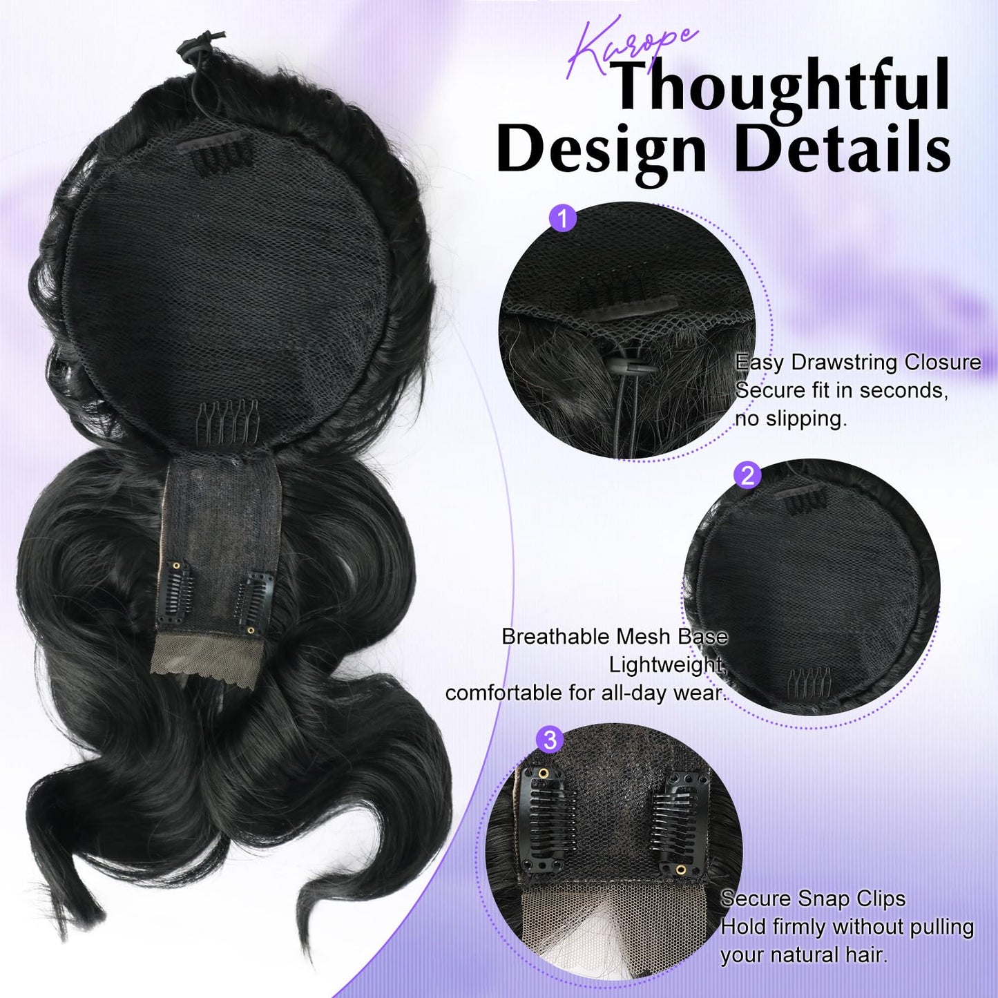 2-in-1 Messy Bun with Bangs Drawstring Ponytail Extension, Curly Updo Wig & Hair Topper with Lace Side Bangs, Lightweight Natural-Looking Hair Bun Hairpiece for Women