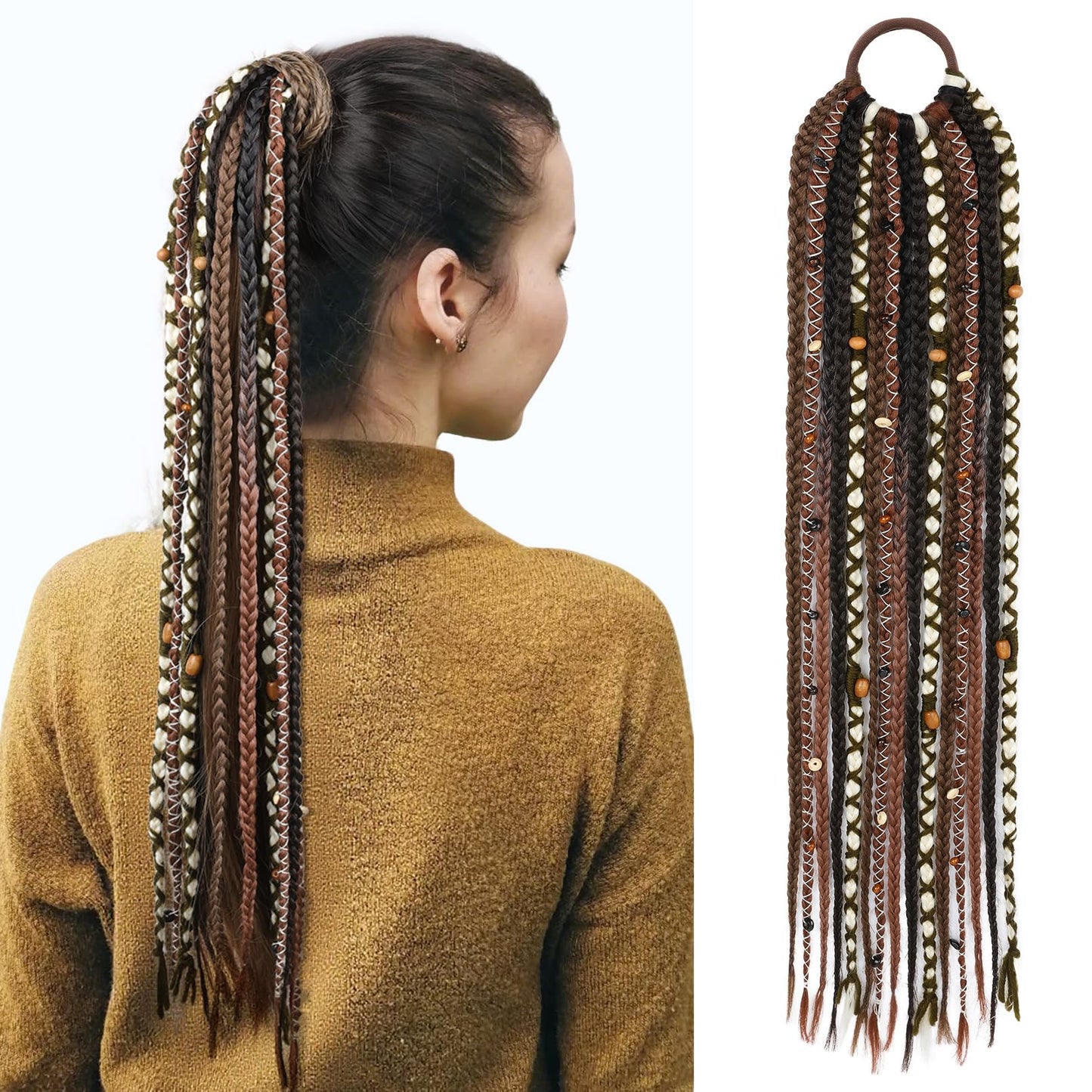 Boho Braided Ponytail Extension with Hair Tie, 24" Long Viking Dreadlock Beads Ponytail Hand-braided Braids Hair Extensions Lightweight Natural Synthetic Hairpiece for Festival Cosplay