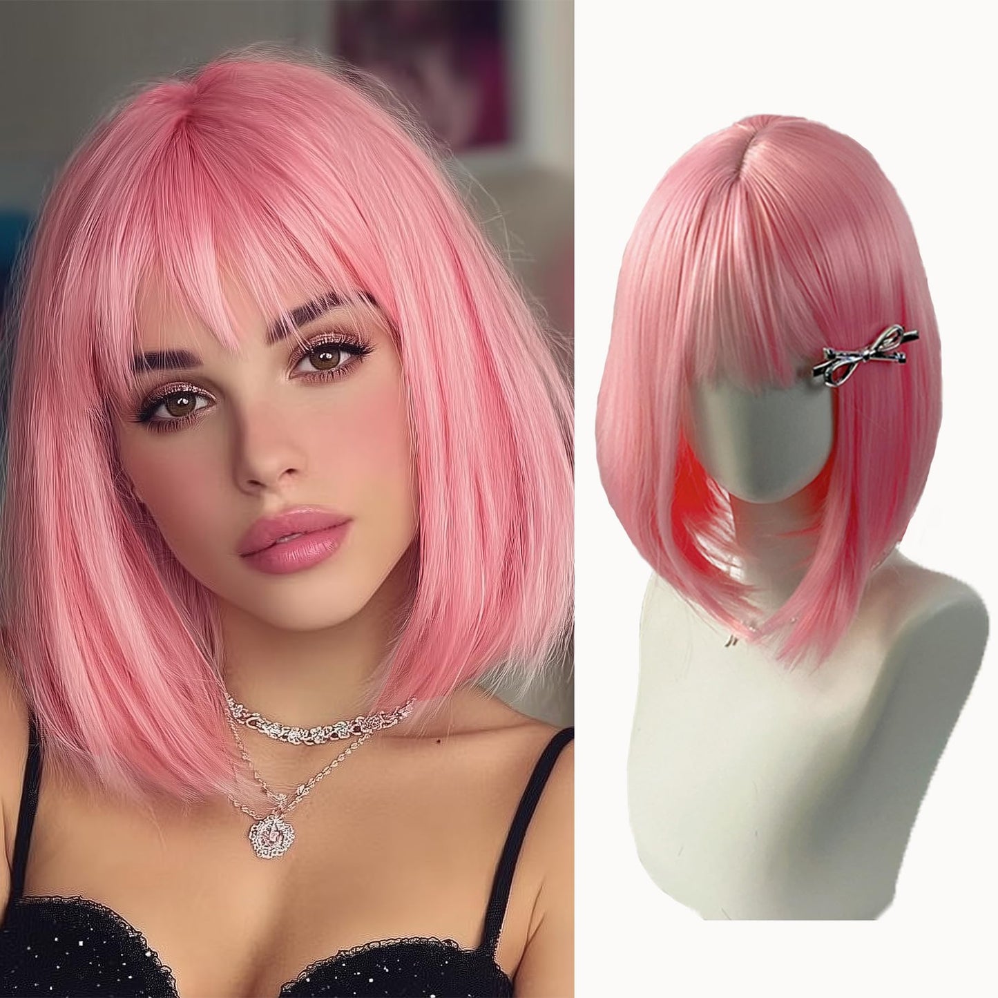 12" Short bob wig with bangs, Black / Pink Wig for women Daily Use