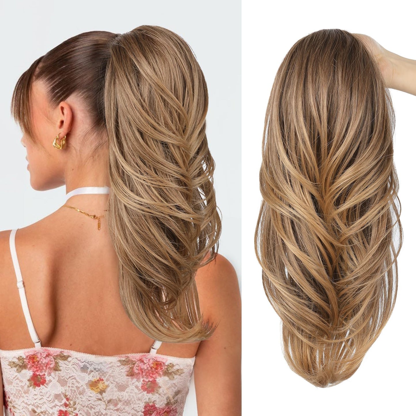 Drawstring Ponytail Extension, Long Wavy Multi Layered Clip in Ponytail Hair Extensions Stand Up High Fake Pony Tail Soft Natural Synthetic Hairpiece
