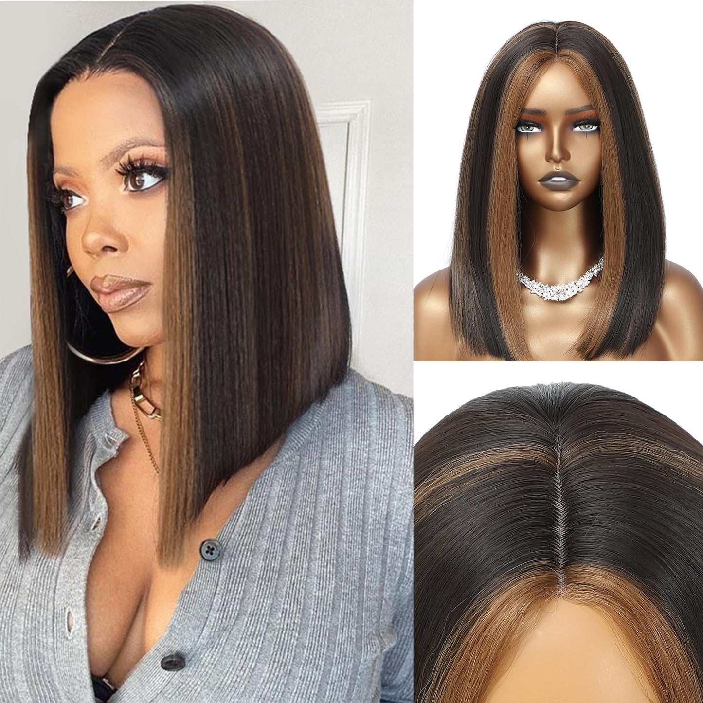 XC CLOUDS Glueless Straight Wigs For Black Women Lace Frontal Hair Wig with Middle Part Simulated Scalp Medium Length Bob Wigs for Halloween or Daily Synthetic Hair Lace Wig