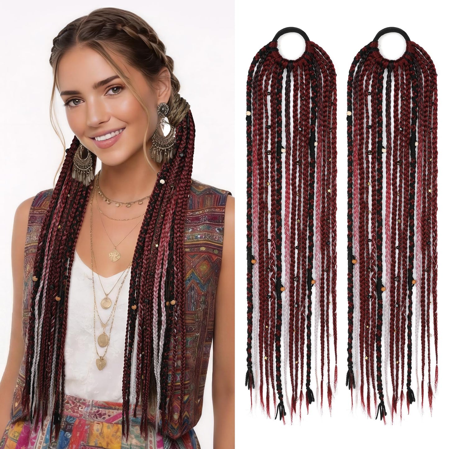 Boho Braided Ponytail Extension with Hair Tie, 24" Long Viking Dreadlock Beads Ponytail Hand-braided Braids Hair Extensions Lightweight Natural Synthetic Hairpiece for Festival Cosplay