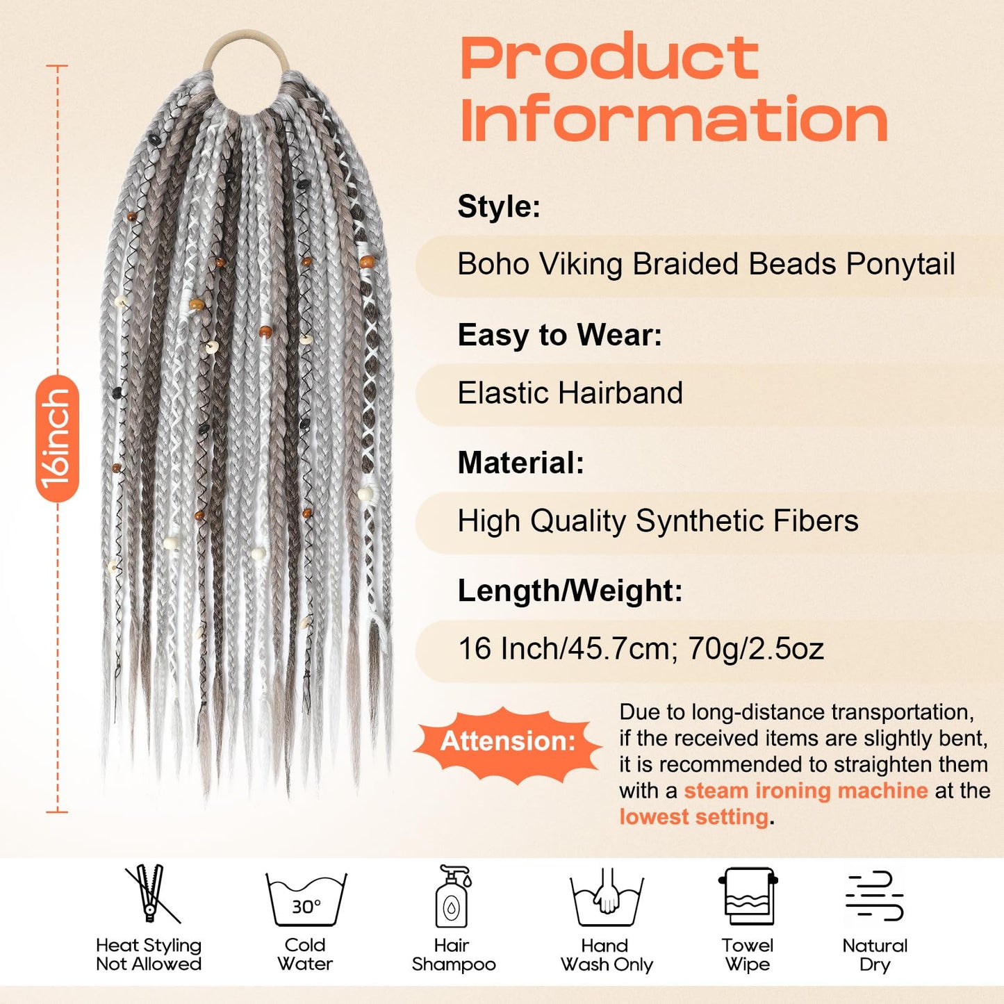 Braided Ponytail Extension on Hair Tie, 16" Full Volume Lightweight Viking Dreadlock Ponytail Braid in Dreadlock Extensions with Beads and Shells, Festival Hair Accessories for Women Girls