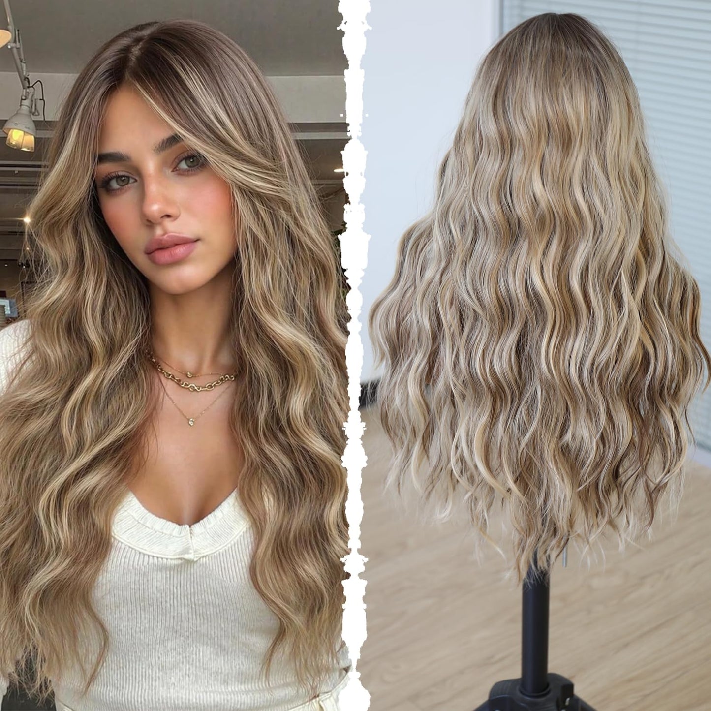 XC CLOUDS Synthetic 28 inch body wave wigs with curtain Bangs, 4 * 2 hand Tied Forehead Simulated Lace Scalp,Natural Wavy Synthetic Heat Resistant hair middle part wigs,Daily Cosplay Friendly